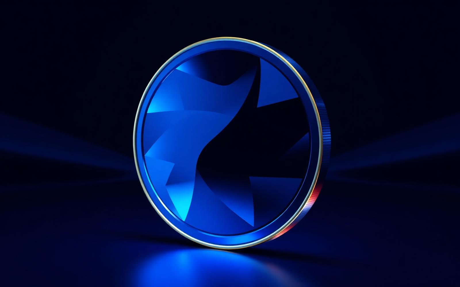 Abstract three-dimensional cobalt-blue crystalline coin and geometric forms